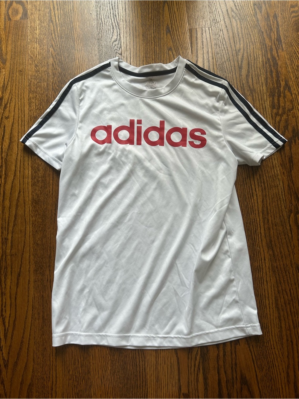 Kids adidas White Tee with Red Logo and Black Shoulder Stripes
